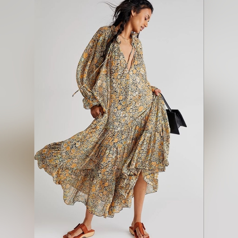 Free People Floral Long Sleeve Dress in Yellow and Black